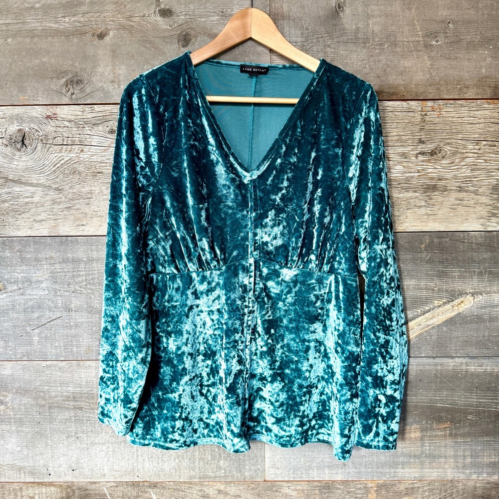 Lane Bryant Crushed Velvet V-Neck Babydoll Top 10/12‎ Teal Stretch Party Festive